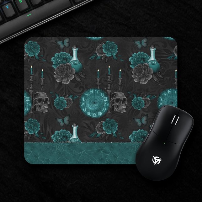 Mousepad Zodiac Magic | Rosas de crânio Gótico, verde-escur (Criador carregado)