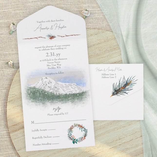 Mt. Rainier, Neve, Pinhas, Agulhas de Pinheiro (Mt. Rainier, snow mountain wedding invitation card, pine trees, pacific northwest, winter wedding)