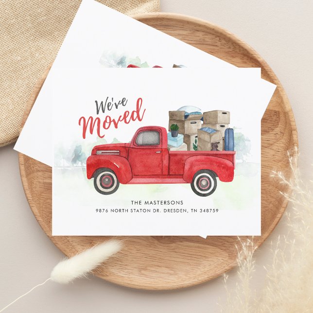 Mudamos o anúncio de mudança de endereço (We have Moved Watercolor Red Truck Moving Announcement)