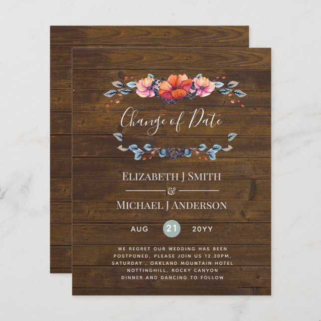 Mudança de data de casamento Floral Laranja Roxo (Frente/Verso)