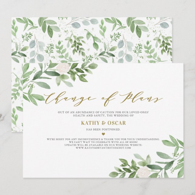 Mudança de Planos Cartão de Adiamento de Casamento (Frente/Verso)