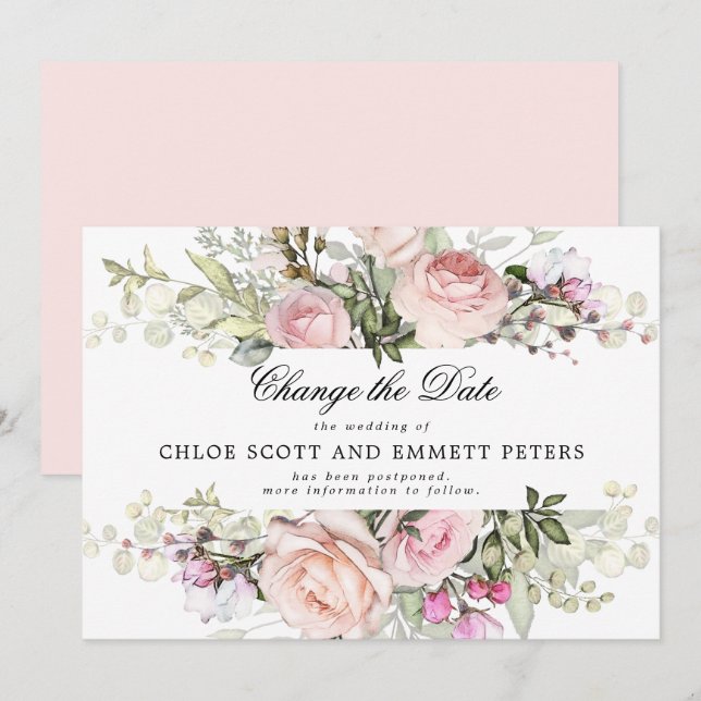 Mudar a Data Rosa Floral Anúncio de Casamento (Frente/Verso)