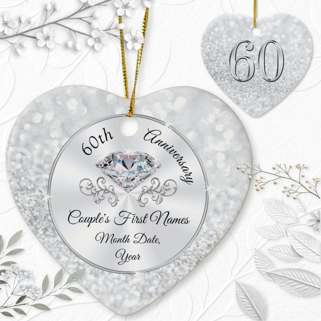 Muito Personalizado, 60º Ornamento do Aniversário (Personalised 60th wedding anniversary gift for mum and dad. Personalized diamond anniversary gifts.)