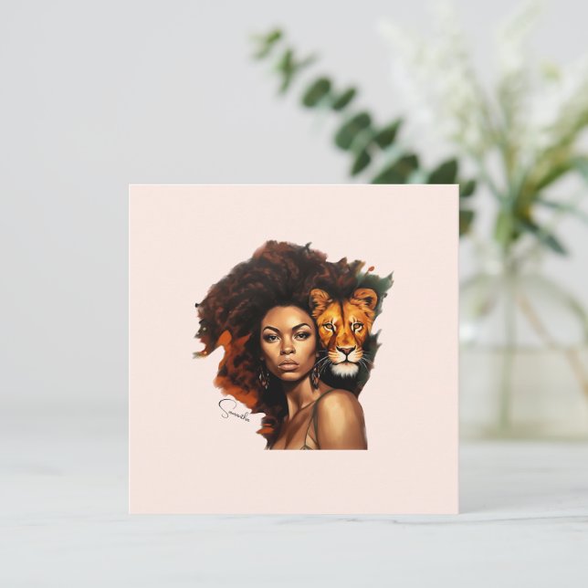 Mulher afro-americana com Leão majestoso (Em pé/Frente)