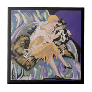 Mulher Art Déco Vintage com Gato por S. Chompre