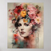 Mulher Com Arte de Cabeça de Flor Impressão Poster