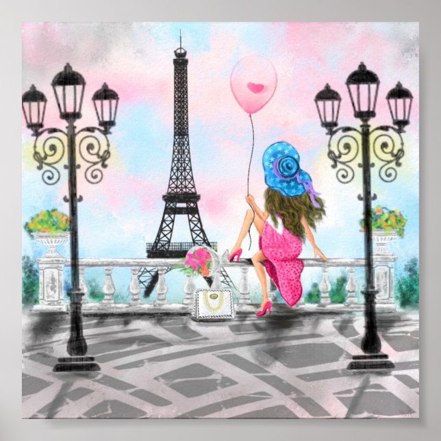 Mulher com balão cor-de-rosa na Poster de Paris (Frente)