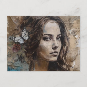 Mulher com Borboletas Cartão Postal de Mídia Mista