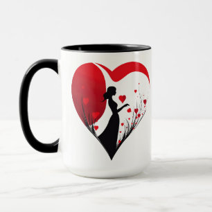 Mulher com coração em caneca vermelha e preta