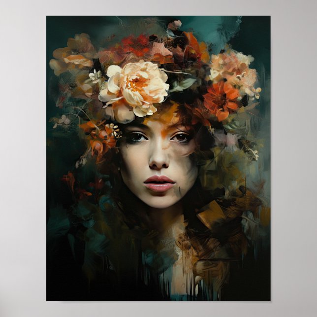 Mulher Com Flor Cabeça Arte Impressão Poster (Frente)