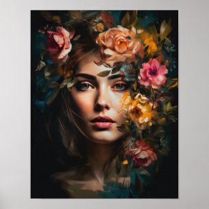 Mulher Com Flor Cabeça Arte Impressão Poster