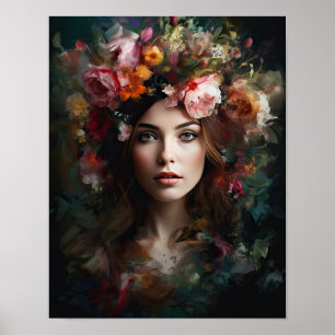 Mulher Com Flor Cabeça Arte Impressão Poster