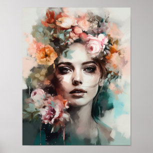Mulher Com Flor Cabeça Arte Impressão Poster