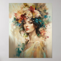 Mulher Com Flor Cabeça Arte Impressão Poster