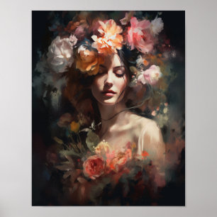 Mulher Com Flor Cabeça Arte Impressão Poster