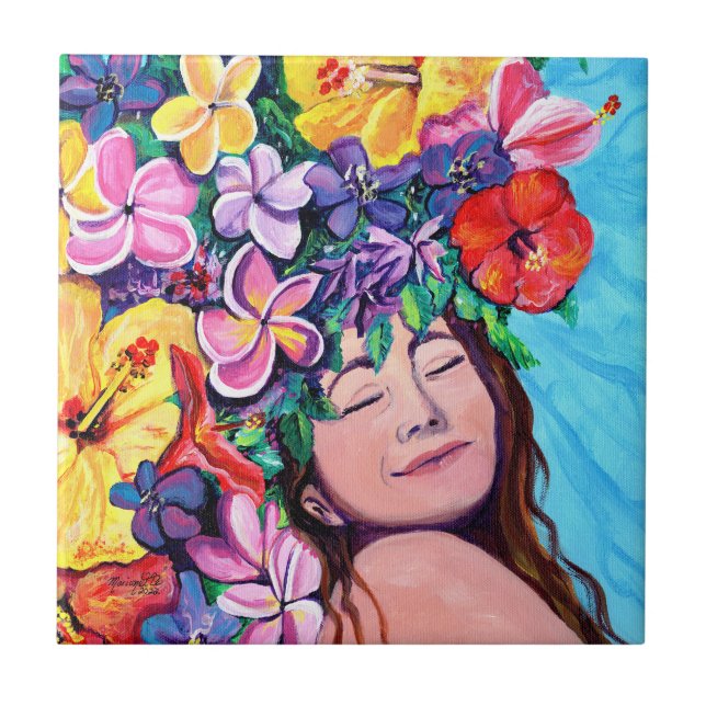 Mulher com flores havaianas Azulejo cerâmico (Frente)