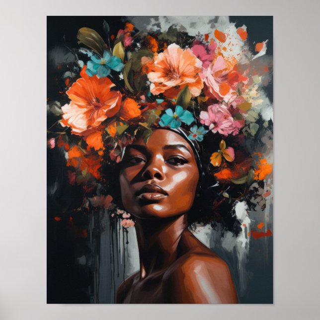 Mulher com Impressão Artística de Flor na Cabeça P (Frente)