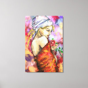 Mulher com Rosa Impressão em Tela Abstrata
