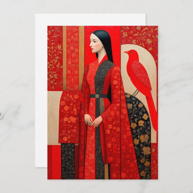 Mulher com vestido floral vermelho florado e pássa (Frente/Verso)