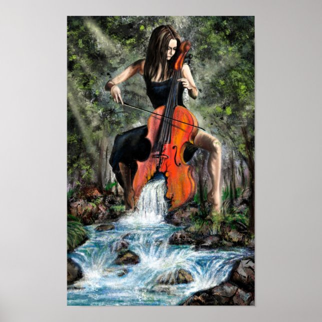 Mulher com Violoncelo na Natureza Poster - Pintura (Frente)
