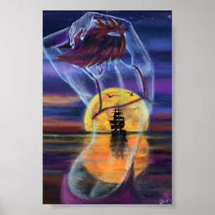 Mulher do Pôr do Sol no Mar Poster