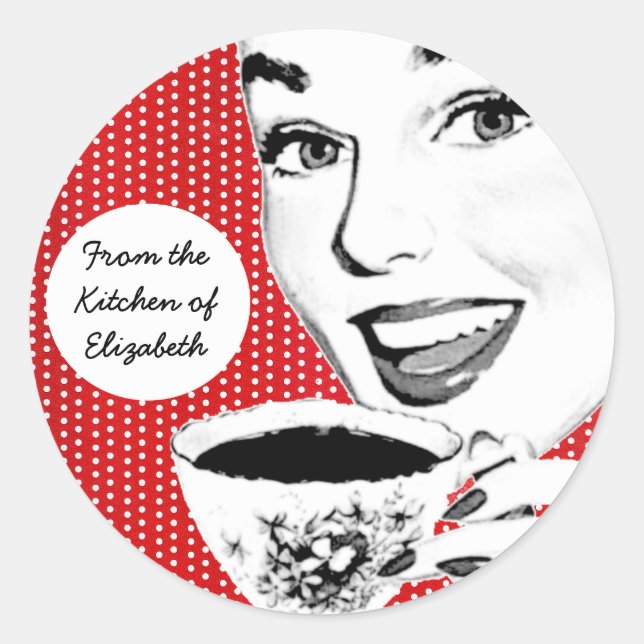 Mulher dos anos 50 com etiqueta Teacup Kitchen (Frente)