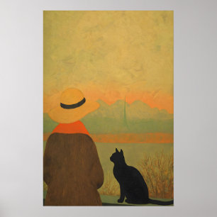 Mulher e Gato Preto Giclée Impressão Sereno Minima