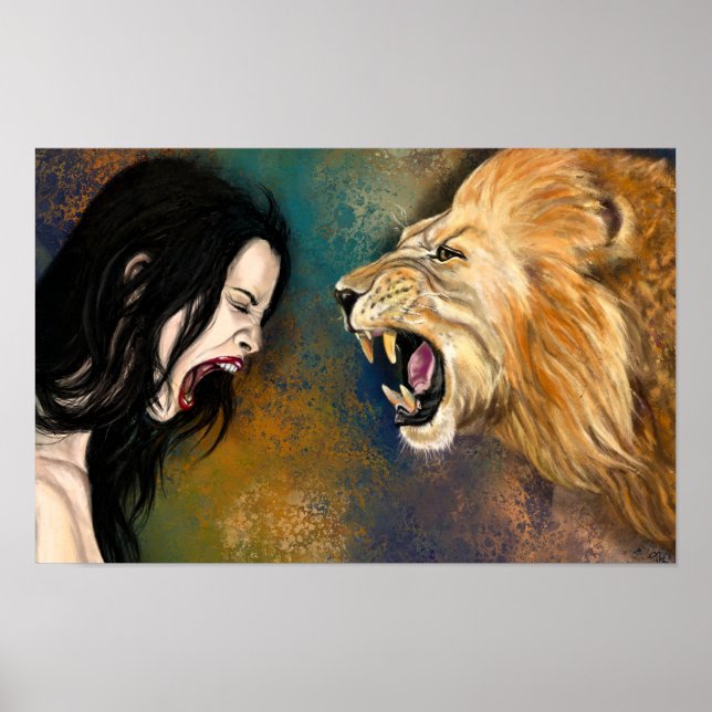 Mulher e Leão Gritam Poster - Pintura (Frente)