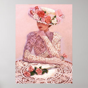 Mulher elegante, chapéu de rosa, poster de decoraç