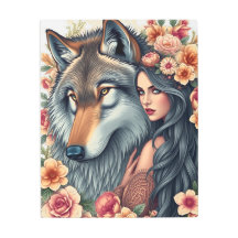 Mulher Elegante com Lobo e Flores Impressão de Art