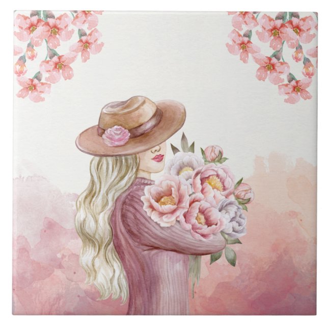 Mulher Elegante com Peonies Watercolor Impressão (Frente)