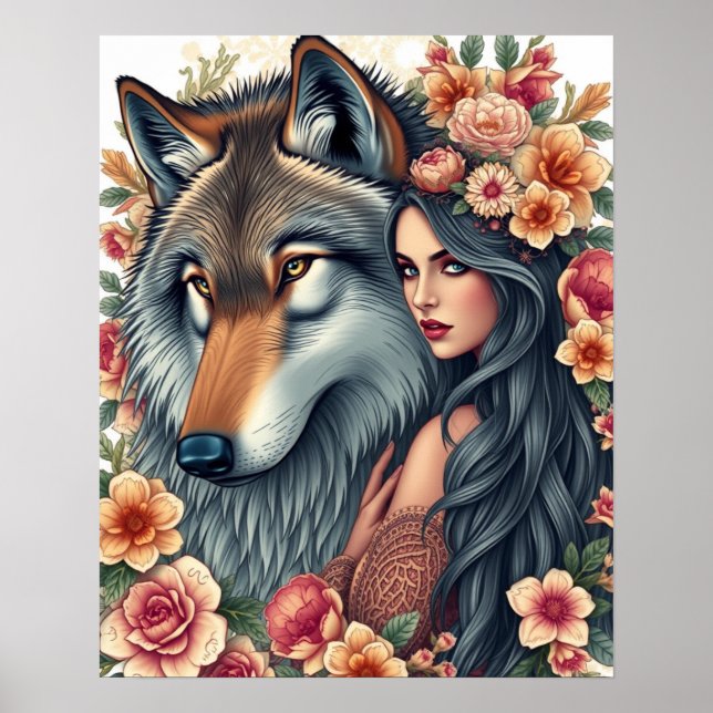 Mulher Elegante com Poster de Lobo & Flores (Frente)