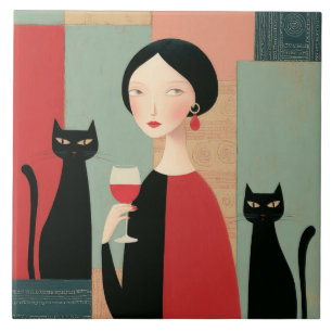 Mulher Elegante Gatos Pretos e Vinho