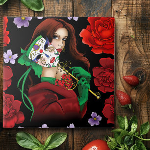 Mulher Elegante Máscara Veneziana Vermelho Verde
