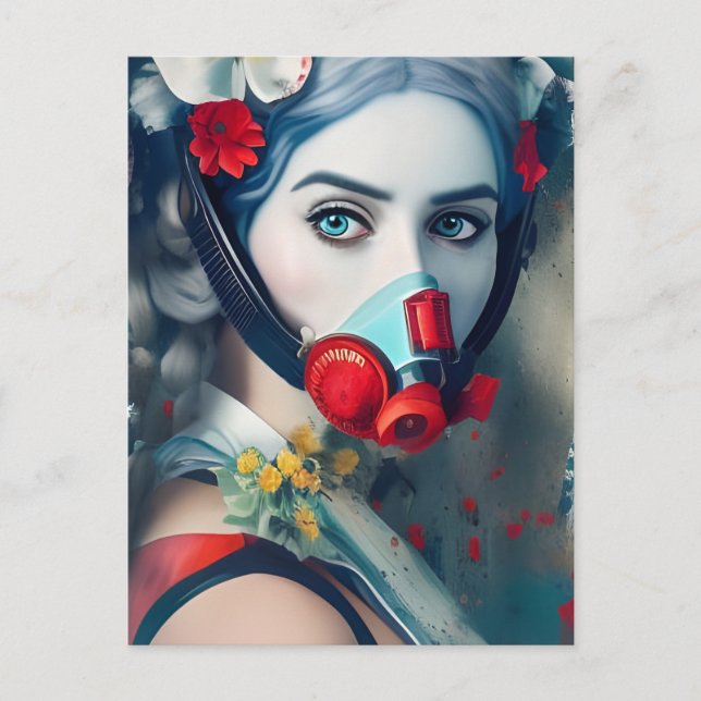 Mulher em máscara de gás e cartão postal de flores (Frente)