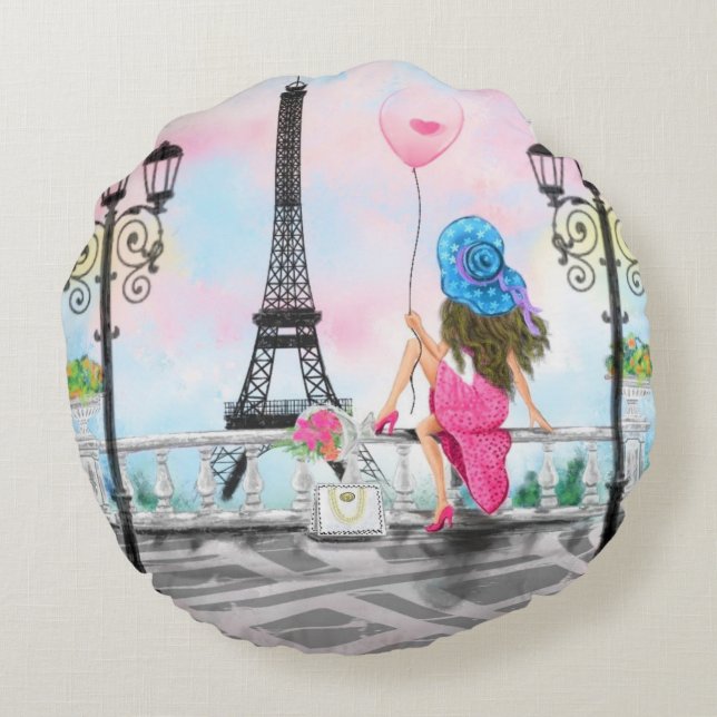 Mulher em Paris Almofada Redonda com Torre Eiffel (Verso)