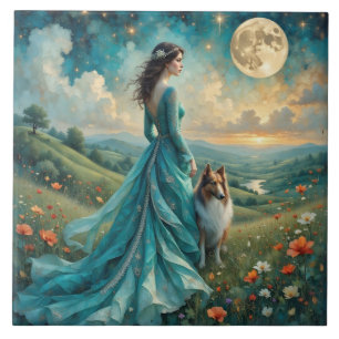 Mulher em Turquesa Vestida e Sable Rough Collie
