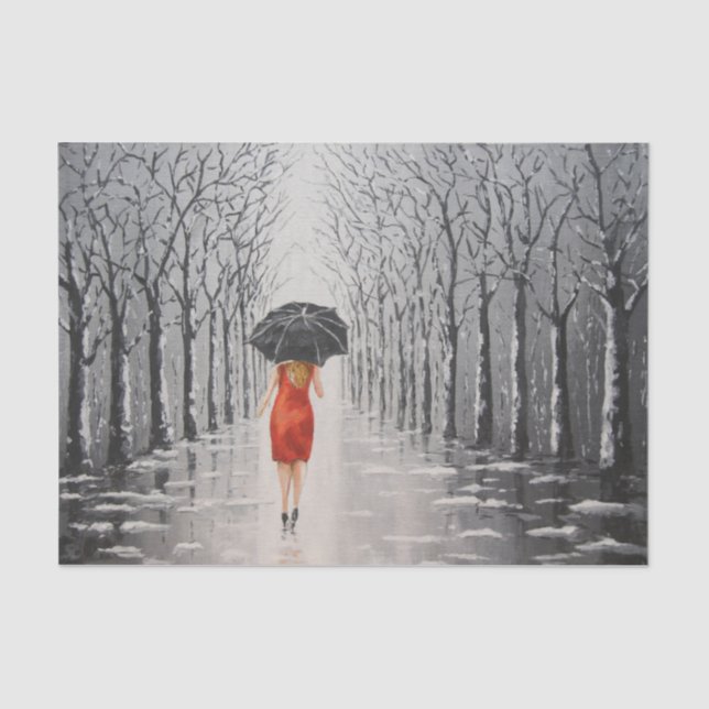 Mulher em vermelho caminha pelo papel tecido da ne (Frente )