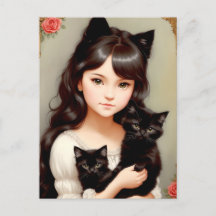 Mulher Gato Branca - Pintura Vintage. Cartão Posta