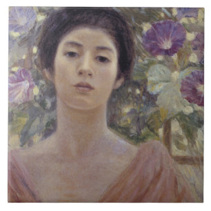Mulher Japonesa com Flores de Glória da Manhã Roxa