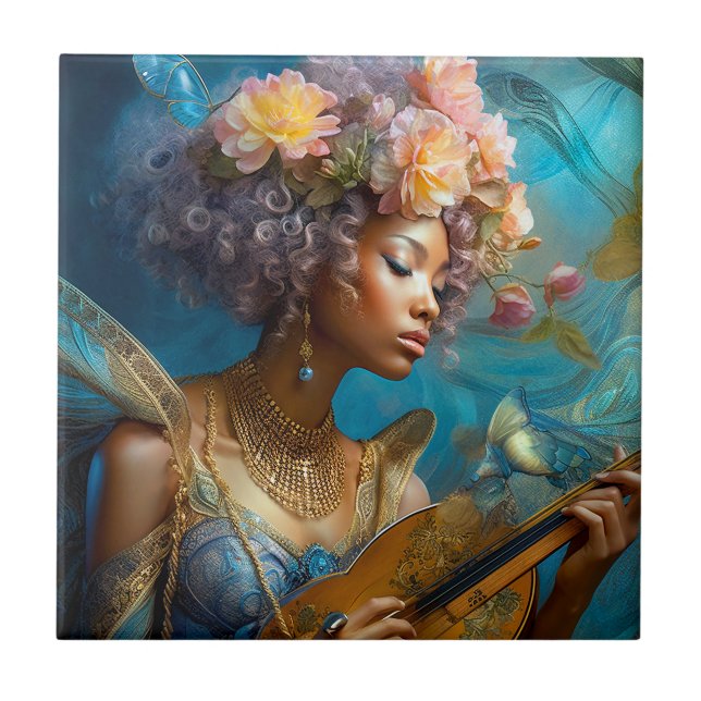 Mulher Jogando Lute African American Fantasy Art (Frente)