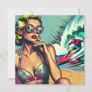 Mulher Loira Retro Bonita e Cara Gato Surfista