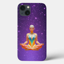 Mulher meditante e céu roxo estrelado