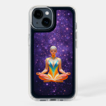 Mulher meditante e céu roxo estrelado