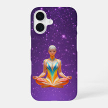 Mulher meditante e céu roxo estrelado