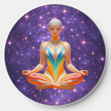 Mulher meditante e céu roxo estrelado