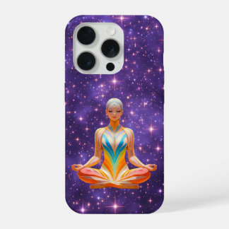 Mulher meditante e céu roxo estrelado