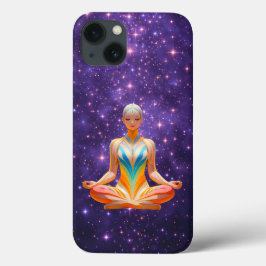 Mulher meditante e céu roxo estrelado