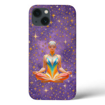 Mulher meditante e céu roxo estrelado