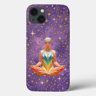 Mulher meditante e céu roxo estrelado
